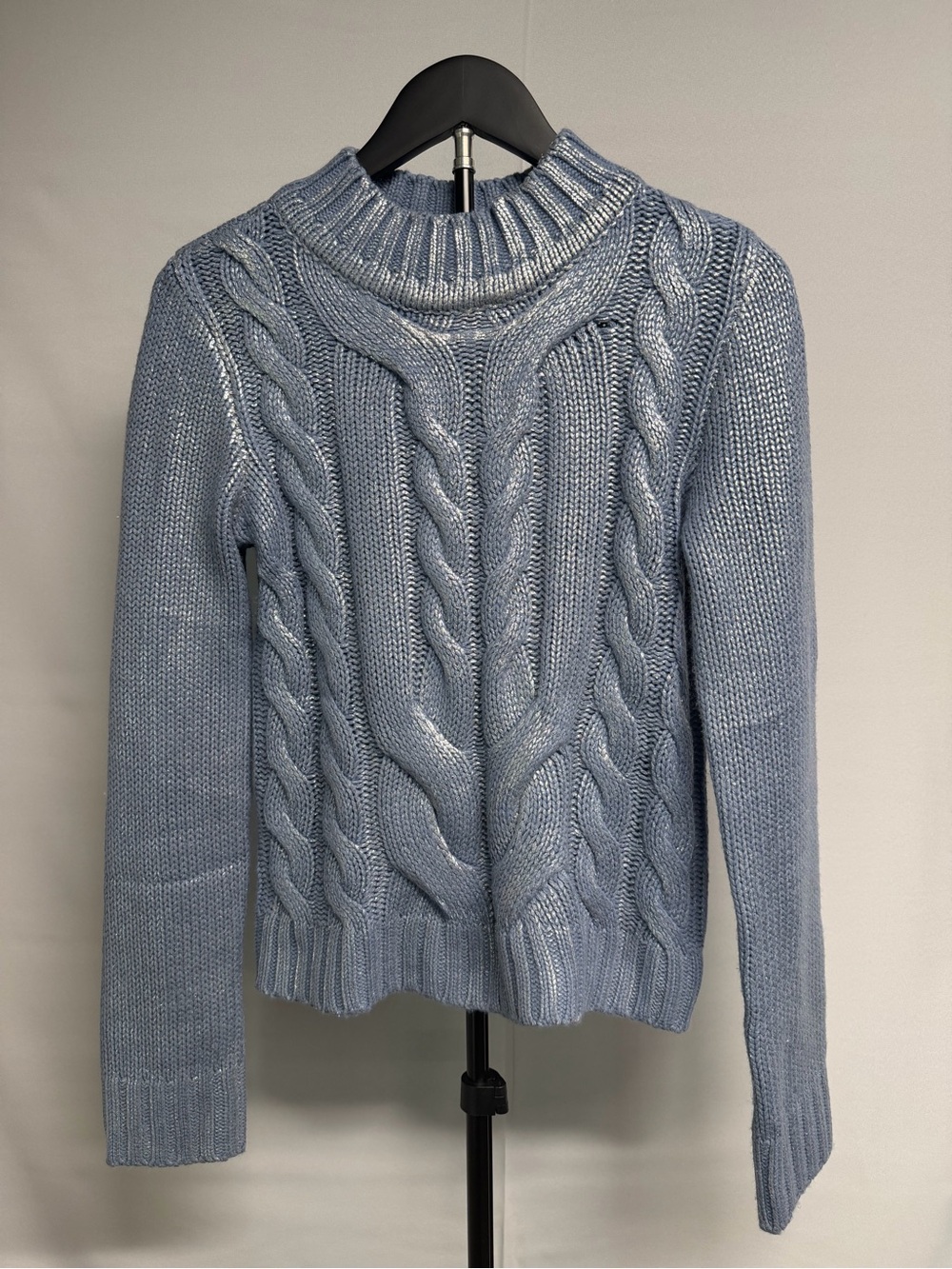 RACHEL Rachel Roy Dusty Metallic Blue Cable Mock Neck Sweater Y2K Cozy Glam